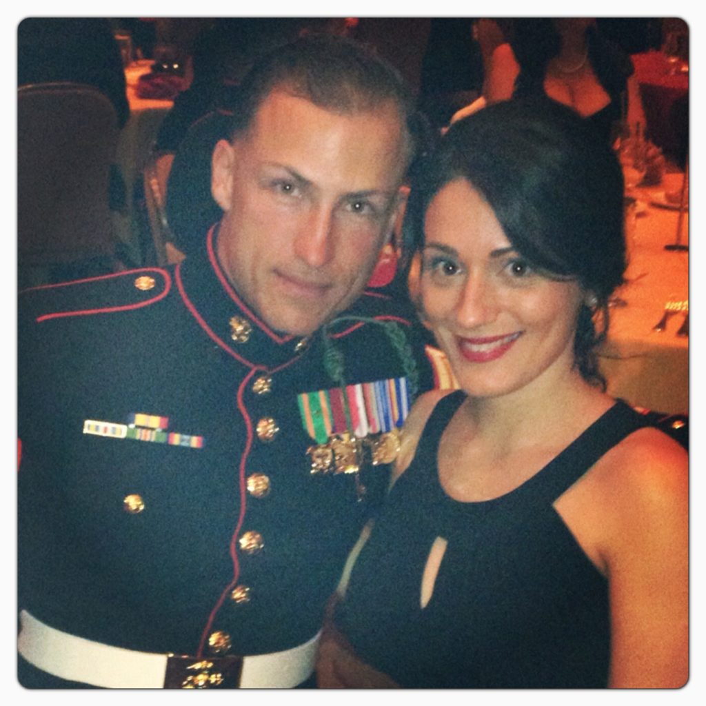 Maria Escuela of Operation Gratitude and her husband dressed in formal attire at a Marine Corp Ball
