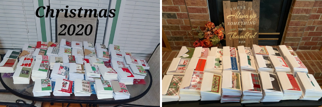 Multiple stacks of blank Holiday Greeting cards stacked on a table.