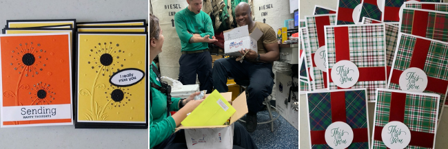 Stack of greeting cards with sentiments such as "Sending happy thoughts" and "I really miss you". A picture of three service members smiling as they opening an Operation Gratitude Care Packages filled with handwritten letters.