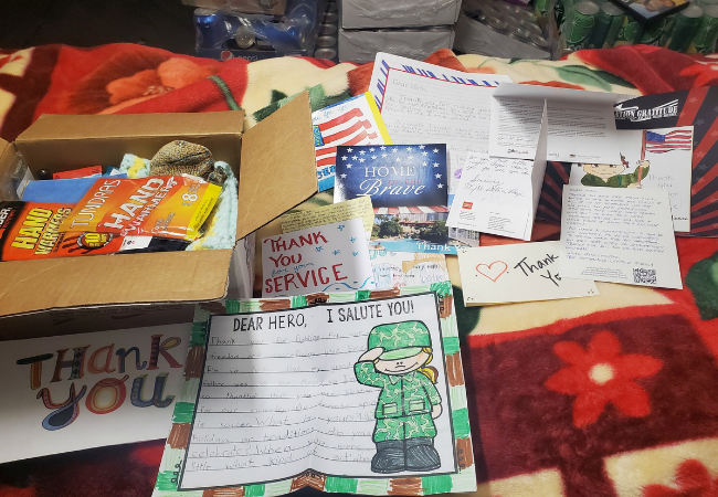 Handwritten letters in an Operation Gratitude Care Package sent to deployed troops.