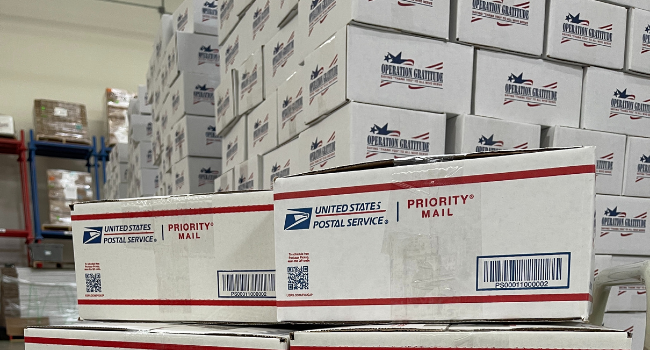 Operation Gratitude care packages stacked and ready to ship to deployed troops.