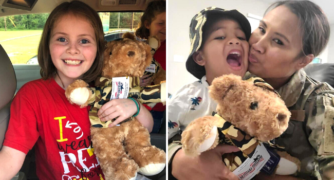 Military kids cuddle their Operation Gratitude Battalion Buddies.