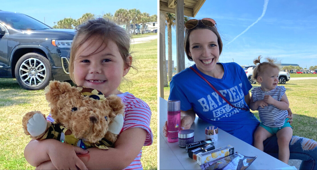 Military family members show the contents of their Operation Gratitude care package.