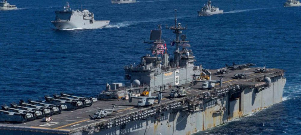 170722-N-OY799-618 CORAL SEA (July 22, 2017) U.S. and Australian naval ships, including ships from the USS Ronald Reagan Carrier Strike Group, USS Bonhomme Richard Expeditionary Strike Group, and Australian amphibious, combatant, support and advance force ships, sail in formation during Talisman Saber 2017.  Talisman Saber 2017 is a realistic and challenging exercise that improves both U.S. and Australia’s ability to work together in the Indo-Asia-Pacific region.   (U.S. Navy photo by Mass Communication Specialist 2nd Class Kenneth Abbate/Released)